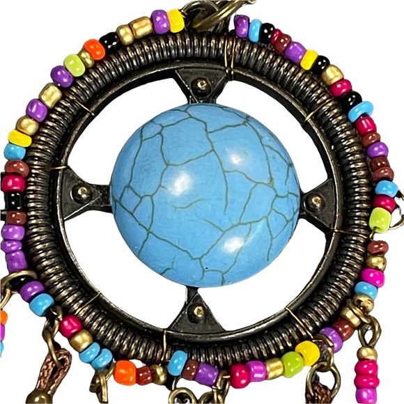 Dreamcatcher necklace blue stone in center, dangly feathers, multicolor beads - Picture 3 of 7